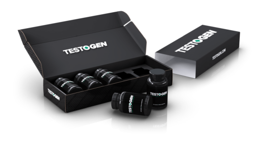 TestoGen review, an open box containing 5 TestoGen bottles
